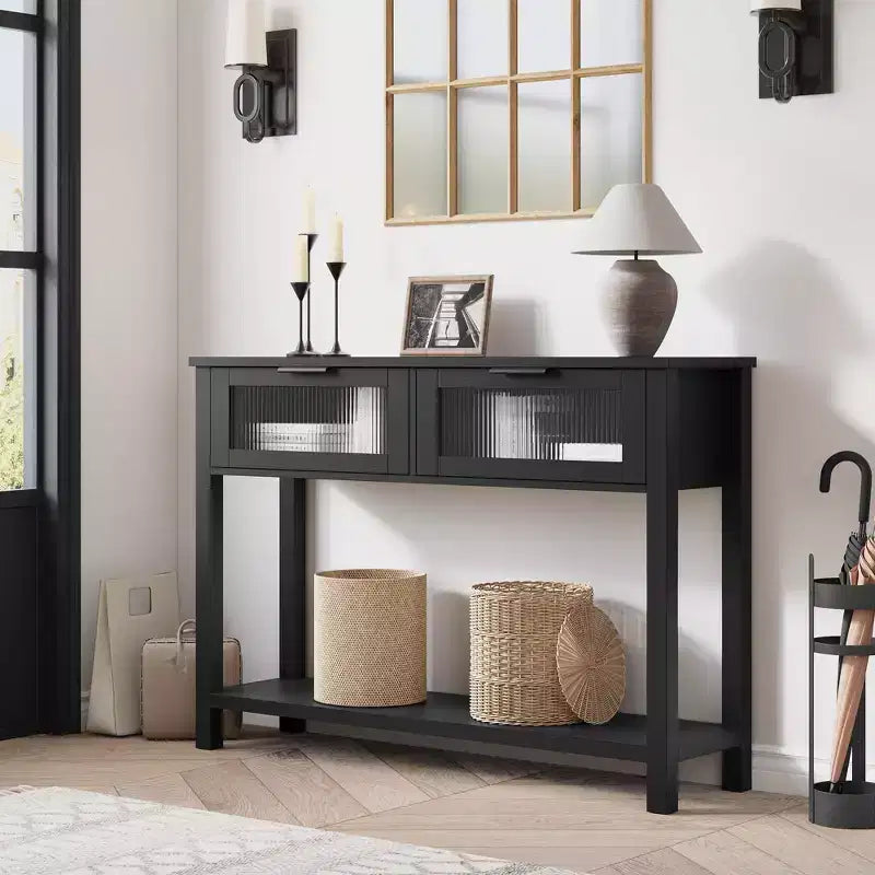 Console double plateau avec 2 tiroirs en verre – Noir / Marron / Bois