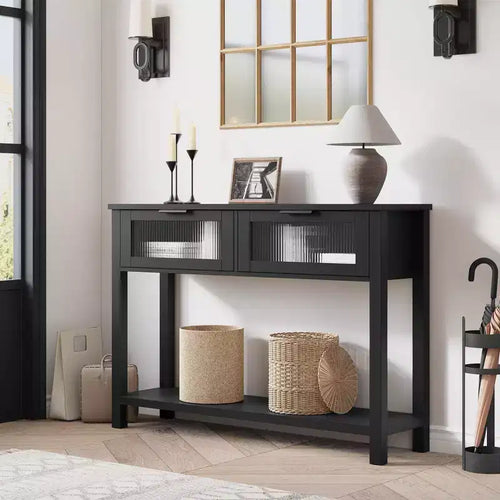 Console double plateau avec 2 tiroirs en verre – Noir / Marron / Bois