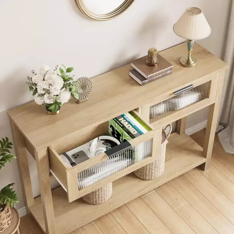 Console double plateau avec 2 tiroirs en verre – Noir / Marron / Bois