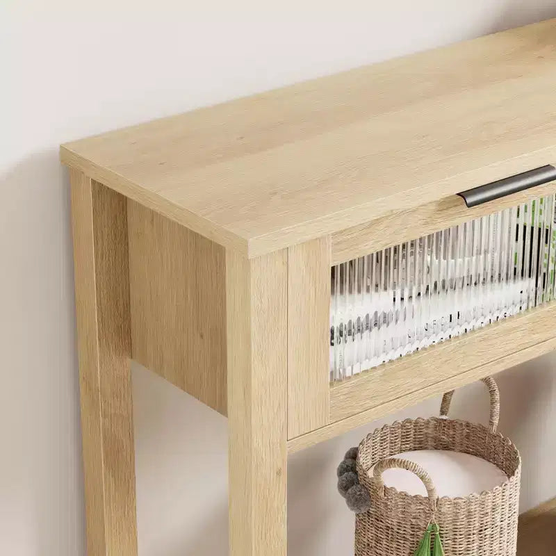Console double plateau avec 2 tiroirs en verre – Noir / Marron / Bois