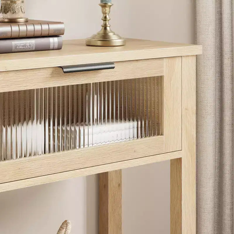 Console double plateau avec 2 tiroirs en verre – Noir / Marron / Bois