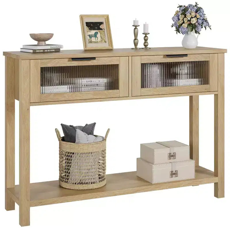Console double plateau avec 2 tiroirs en verre – Noir / Marron / Bois