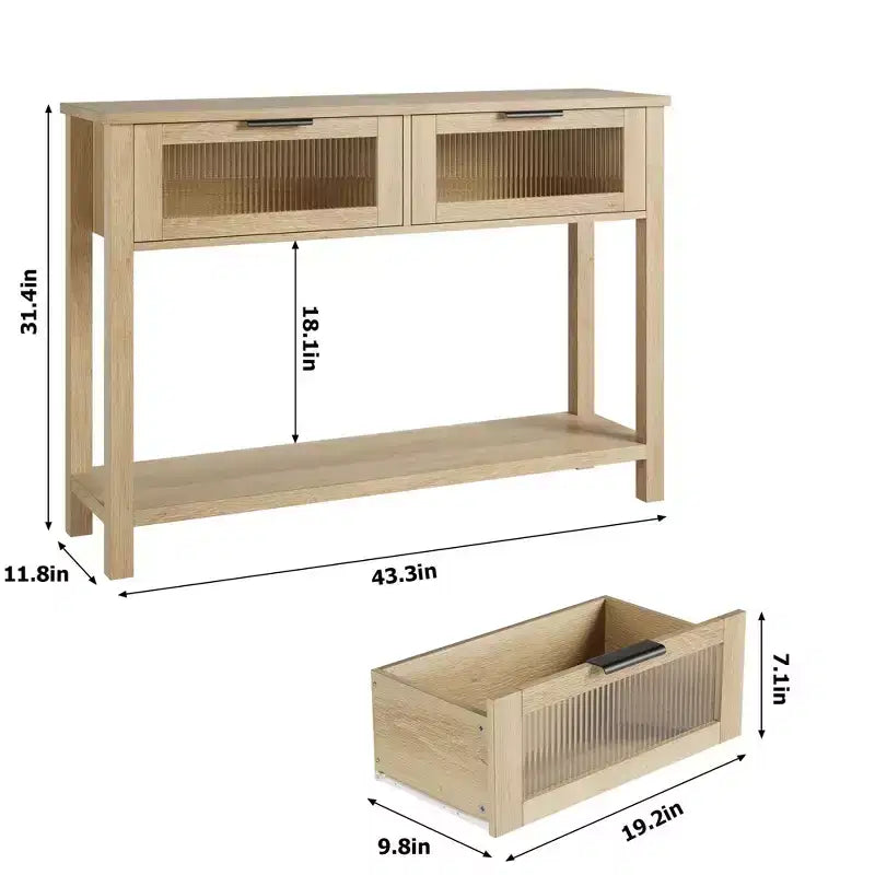 Console double plateau avec 2 tiroirs en verre – Noir / Marron / Bois