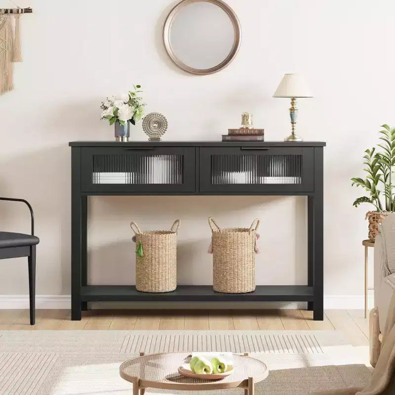 Console double plateau avec 2 tiroirs en verre – Noir / Marron / Bois