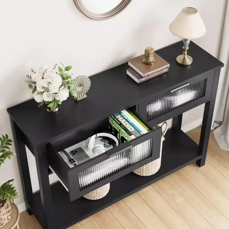 Console double plateau avec 2 tiroirs en verre – Noir / Marron / Bois