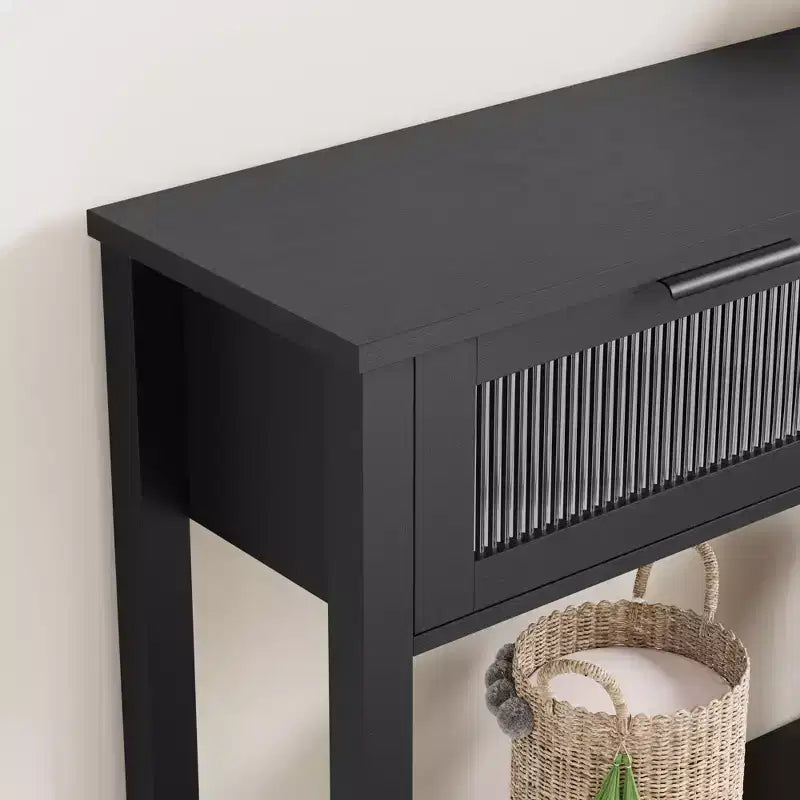 Console double plateau avec 2 tiroirs en verre – Noir / Marron / Bois