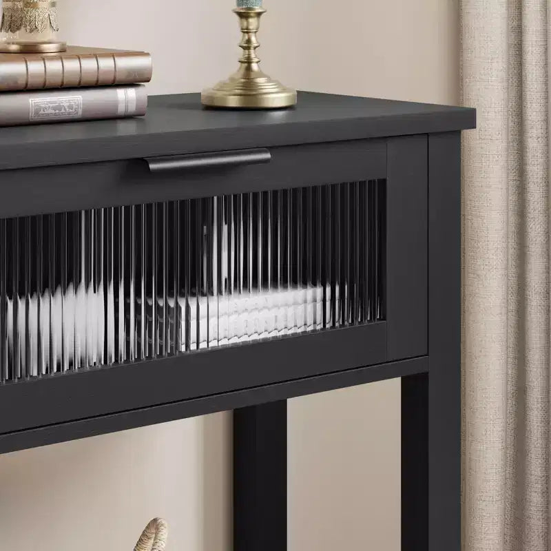 Console double plateau avec 2 tiroirs en verre – Noir / Marron / Bois