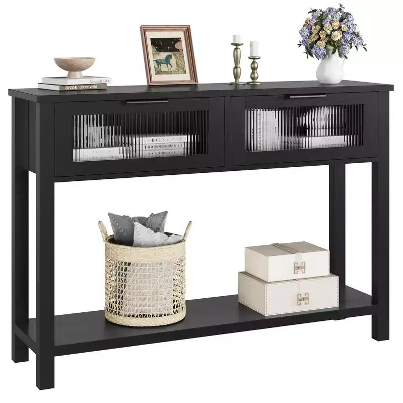 Console double plateau avec 2 tiroirs en verre – Noir / Marron / Bois
