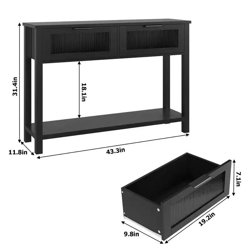 Console double plateau avec 2 tiroirs en verre – Noir / Marron / Bois