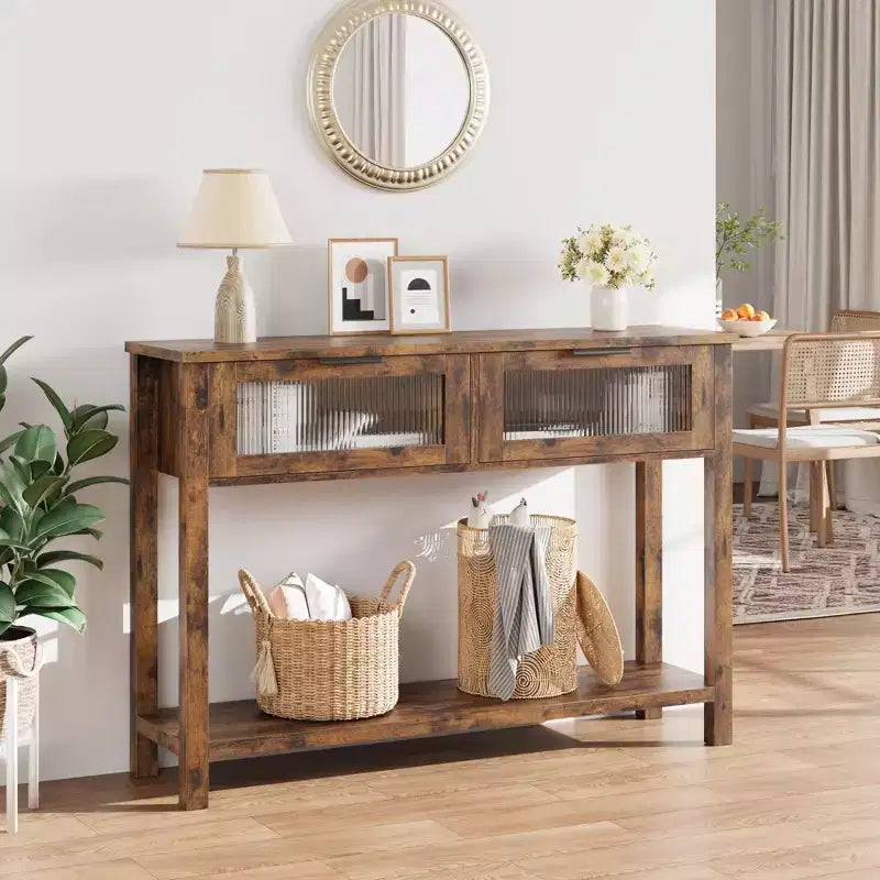 Console double plateau avec 2 tiroirs en verre – Noir / Marron / Bois
