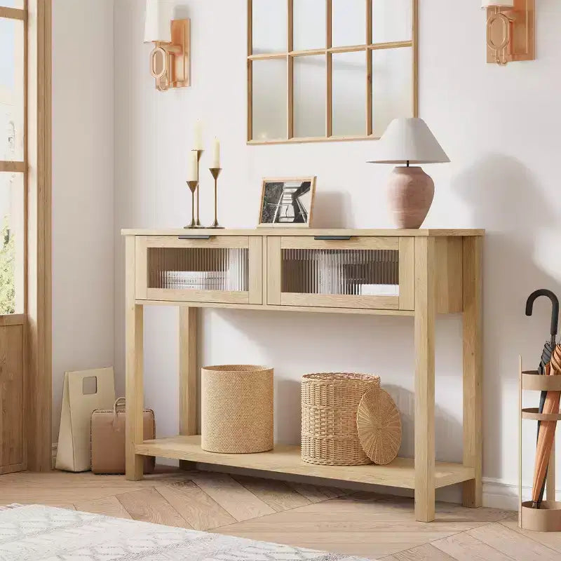 Console double plateau avec 2 tiroirs en verre – Noir / Marron / Bois