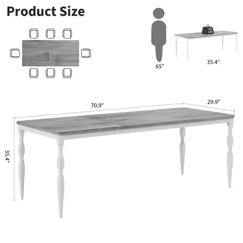 Table à manger rectangulaire marron/gris avec pieds en métal courbés, 8 places assises