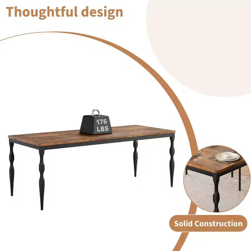 Table à manger rectangulaire marron/gris avec pieds en métal courbés, 8 places assises