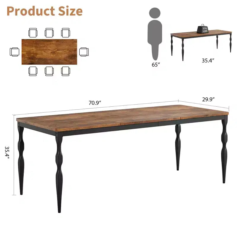 Table à manger rectangulaire marron/gris avec pieds en métal courbés, 8 places assises