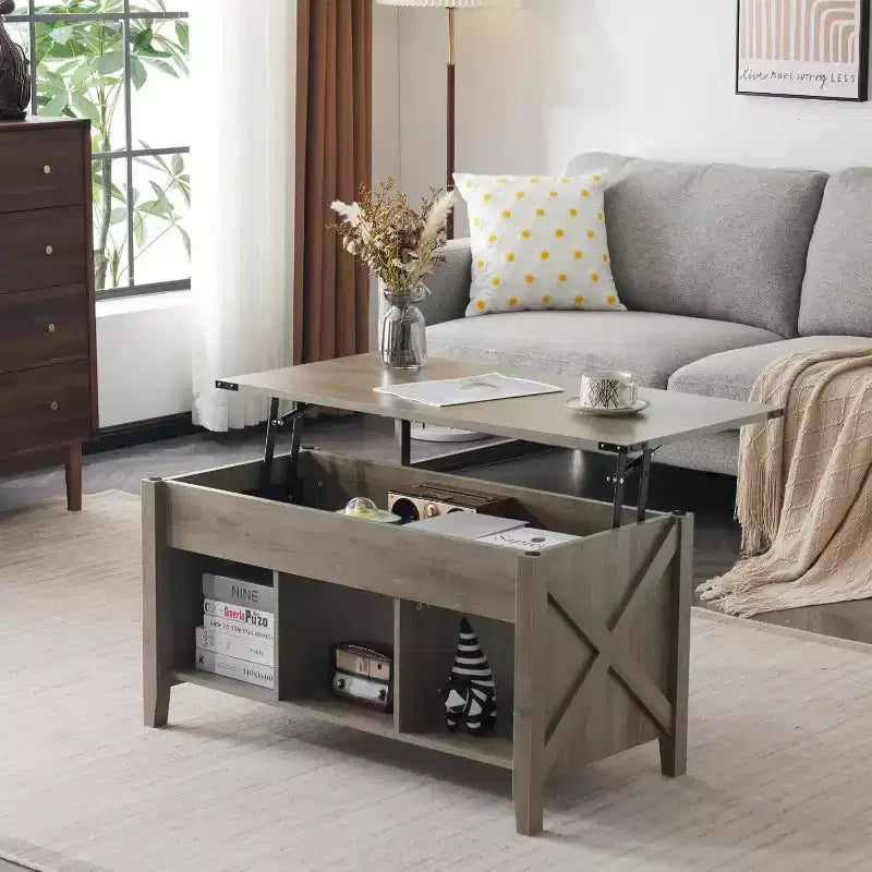 Table basse relevable grise avec rangement | Style Campagne | 1 pièce