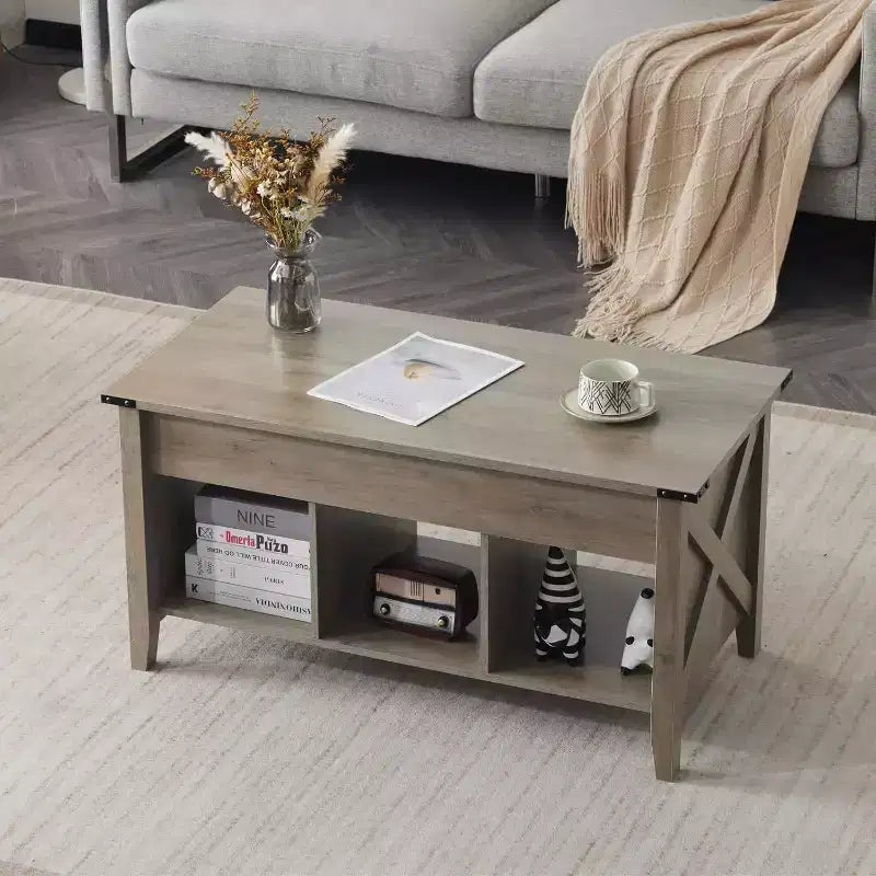 Table basse relevable grise avec rangement | Style Campagne | 1 pièce