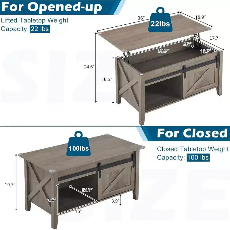 Table basse relevable grise avec rangement | Style Campagne | 1 pièce