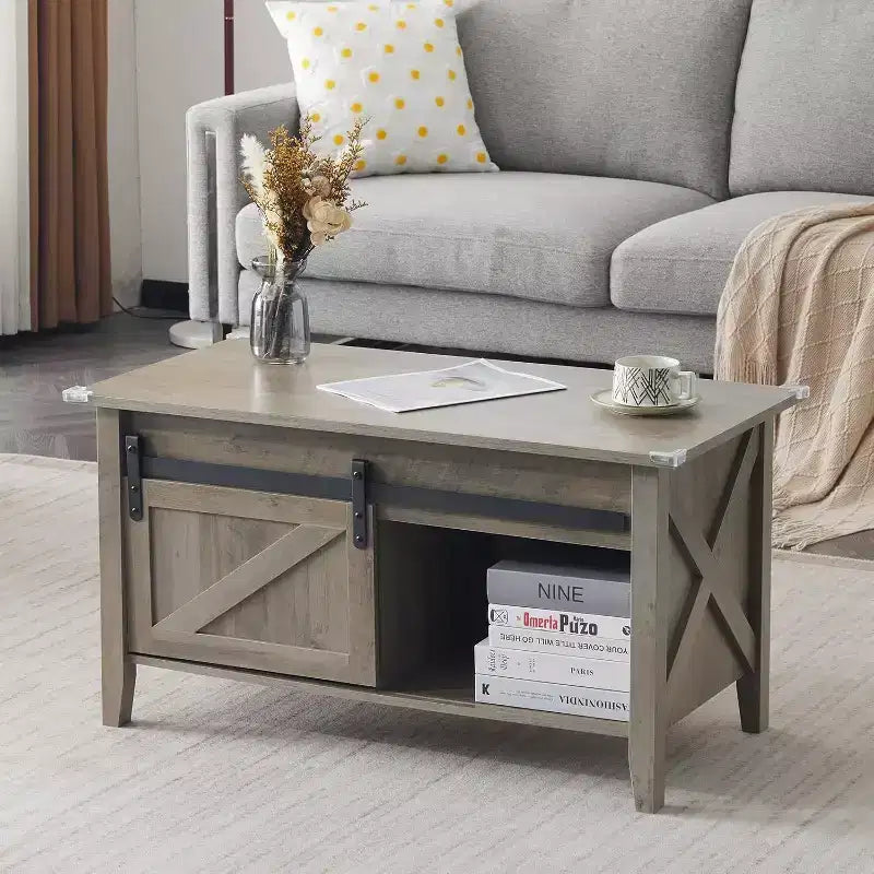 Table basse relevable grise avec rangement | Style Campagne | 1 pièce
