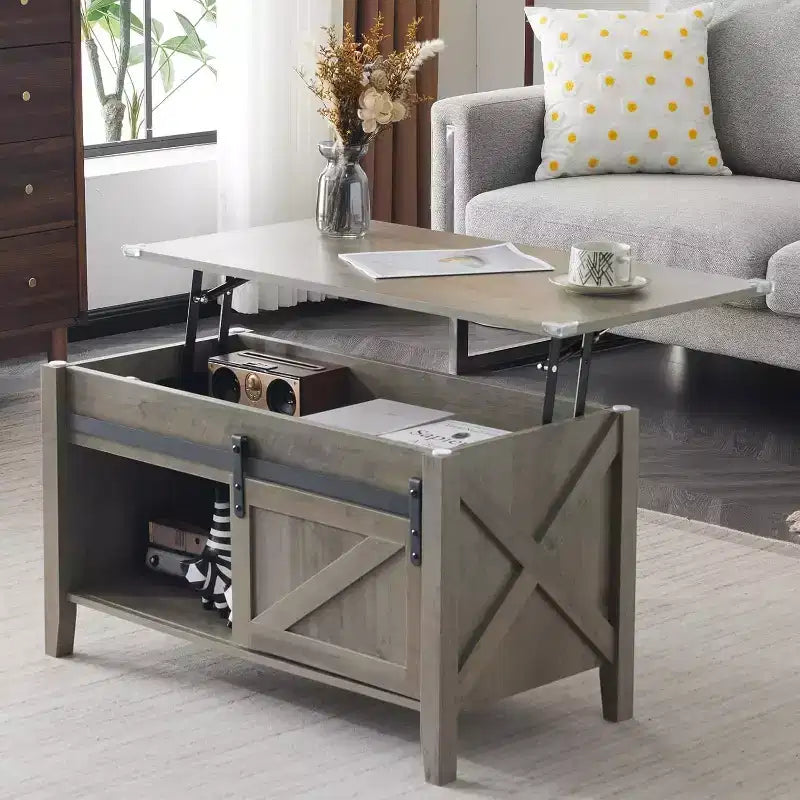 Table basse relevable grise avec rangement | Style Campagne | 1 pièce