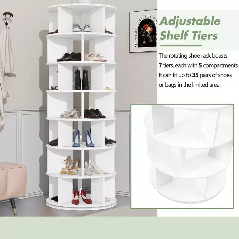 Tour de rangement pour chaussures rotative à 360° noire/blanche, 7 niveaux, capacité de 35 paires
