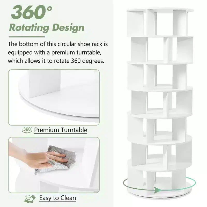 Tour de rangement pour chaussures rotative à 360° noire/blanche, 7 niveaux, capacité de 35 paires