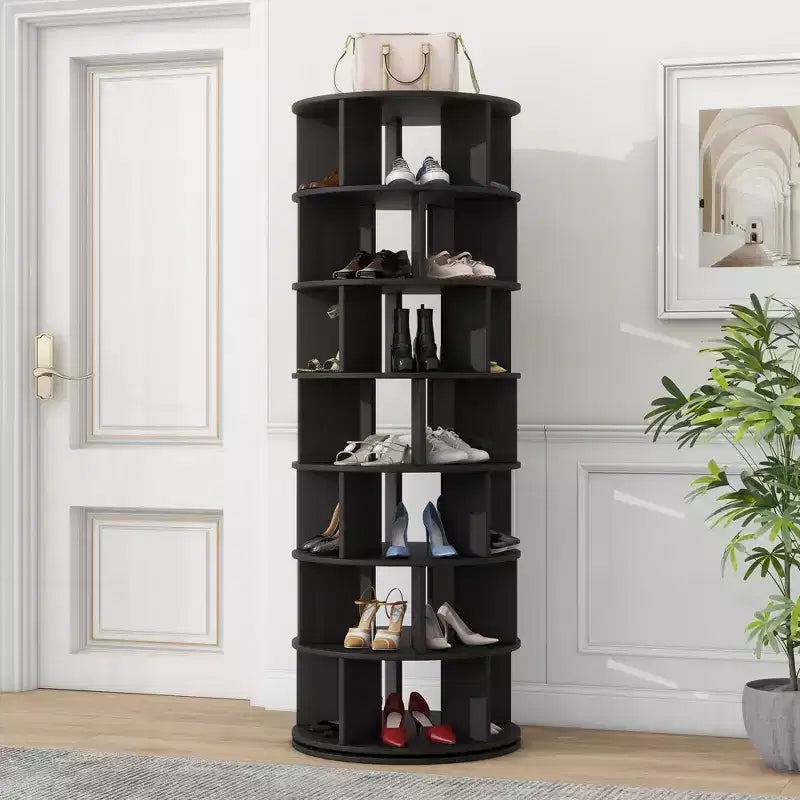 Tour de rangement pour chaussures rotative à 360° noire/blanche, 7 niveaux, capacité de 35 paires