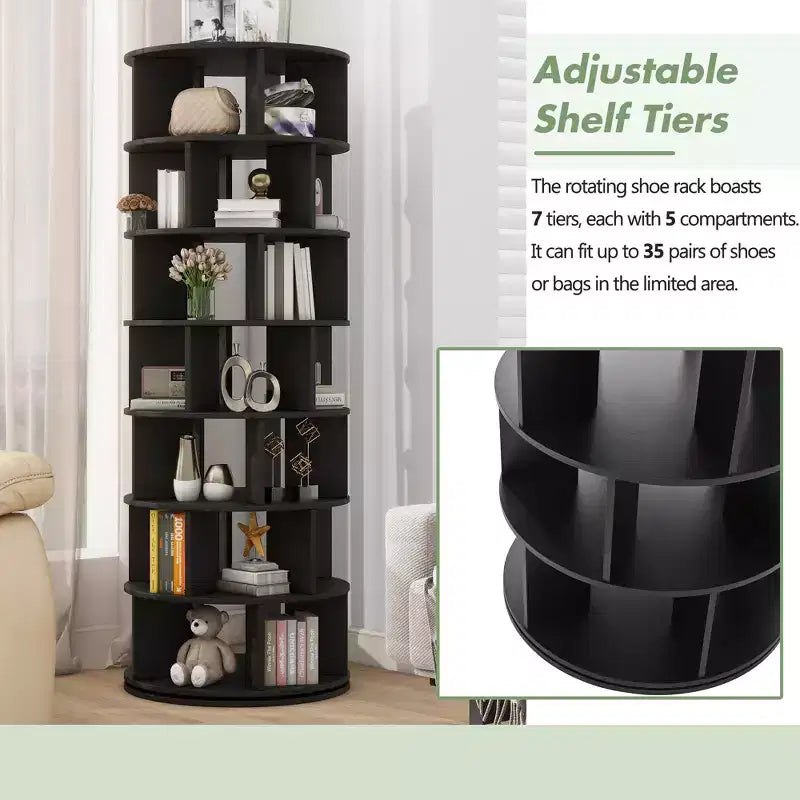 Tour de rangement pour chaussures rotative à 360° noire/blanche, 7 niveaux, capacité de 35 paires