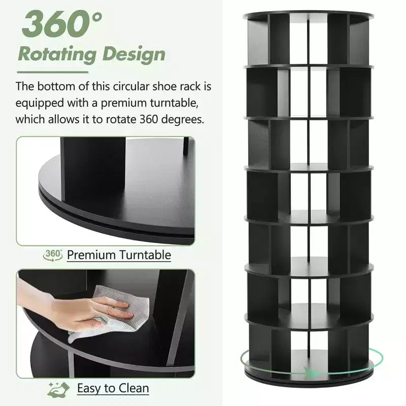 Tour de rangement pour chaussures rotative à 360° noire/blanche, 7 niveaux, capacité de 35 paires