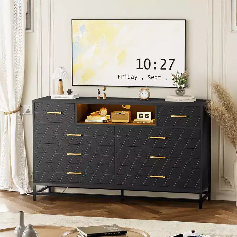 Commode Noire 8 Tiroirs avec Lumières LED et Prise Électrique – Style Meuble TV, Convient pour 1 à 2 Personnes