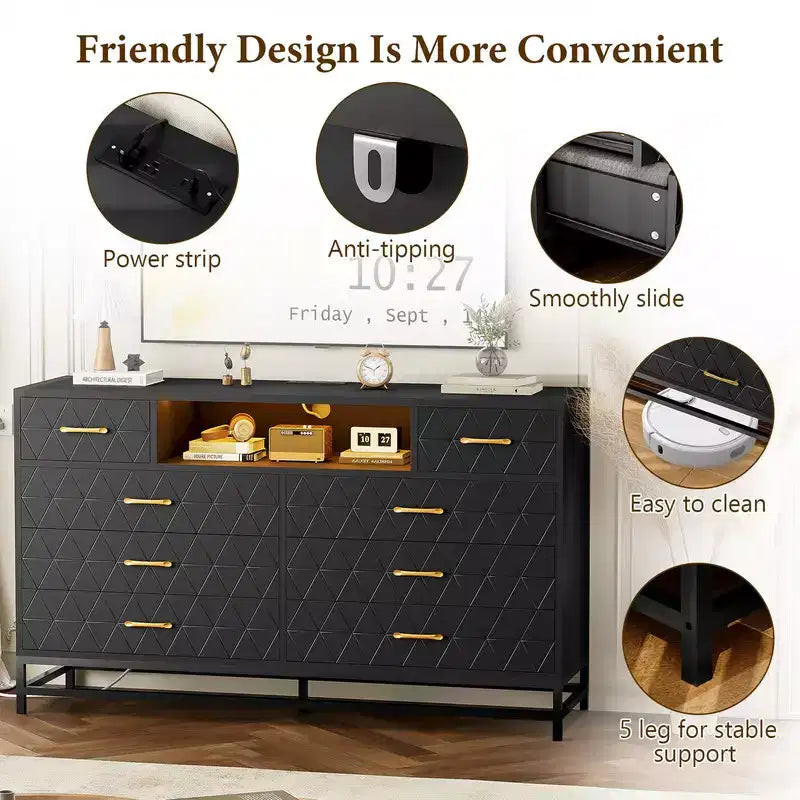 Commode Noire 8 Tiroirs avec Lumières LED et Prise Électrique – Style Meuble TV, Convient pour 1 à 2 Personnes