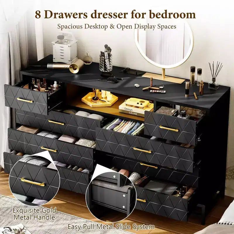 Commode Noire 8 Tiroirs avec Lumières LED et Prise Électrique – Style Meuble TV, Convient pour 1 à 2 Personnes