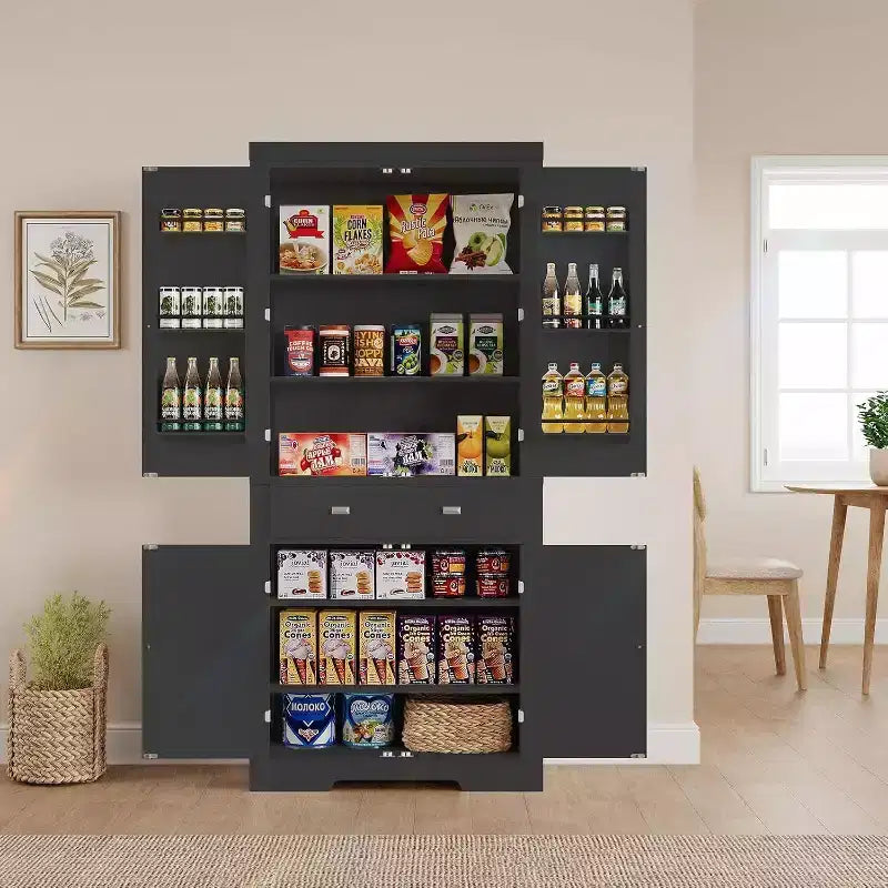 Meuble de rangement autoportant 4 portes pour cuisine de style campagnard, noir et blanc