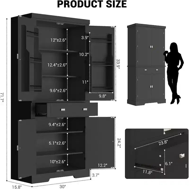 Meuble de rangement autoportant 4 portes pour cuisine de style campagnard, noir et blanc