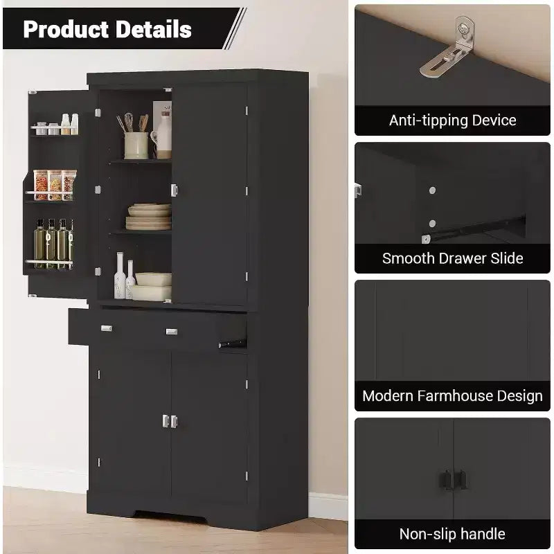 Meuble de rangement autoportant 4 portes pour cuisine de style campagnard, noir et blanc