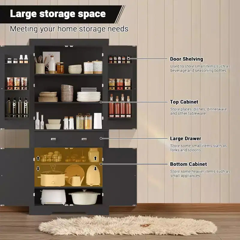 Meuble de rangement autoportant 4 portes pour cuisine de style campagnard, noir et blanc