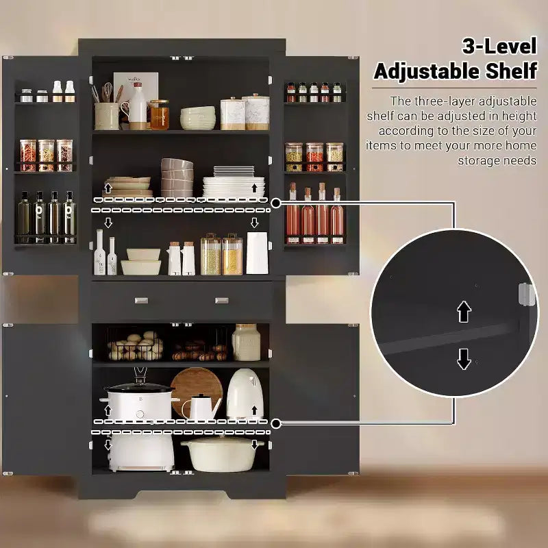 Meuble de rangement autoportant 4 portes pour cuisine de style campagnard, noir et blanc