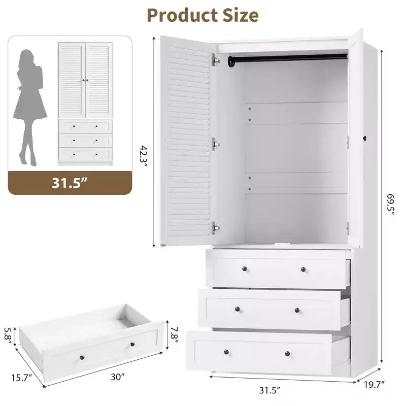 Armoire en bois naturel avec 2 portes en rotin et 3 tiroirs, dressing individuel