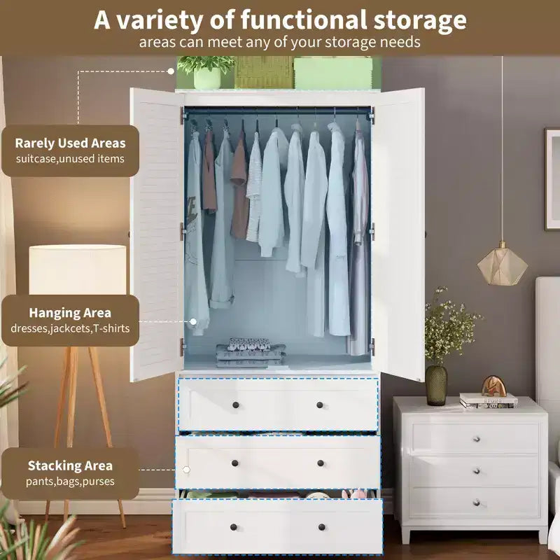 Armoire en bois naturel avec 2 portes en rotin et 3 tiroirs, dressing individuel