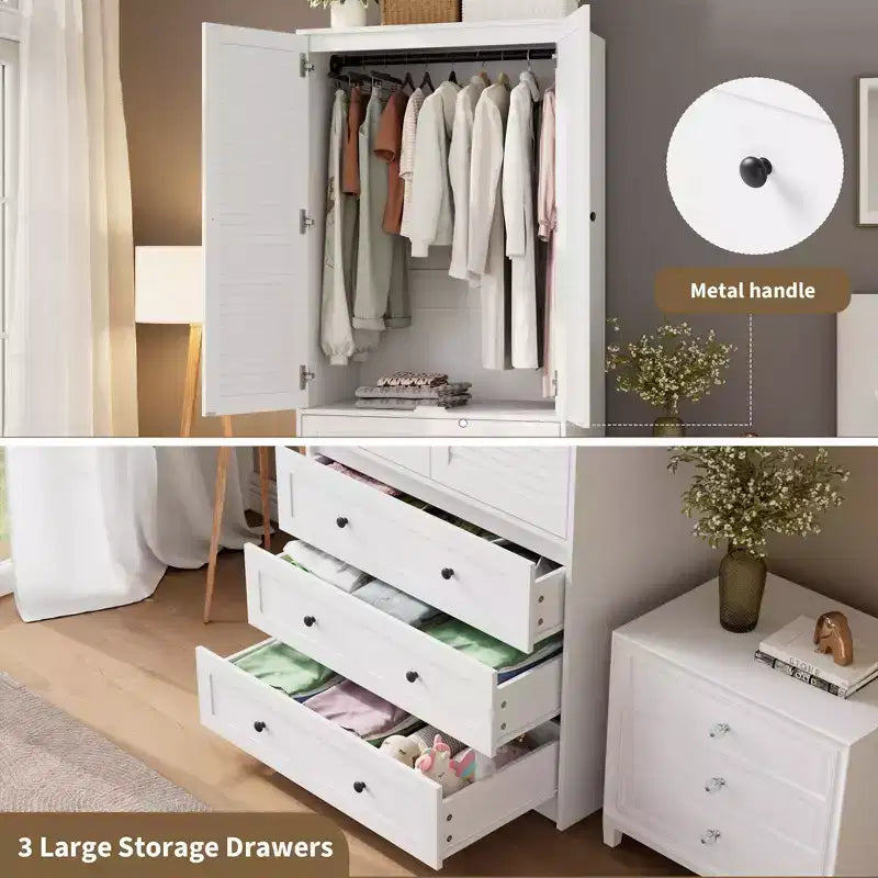 Armoire en bois naturel avec 2 portes en rotin et 3 tiroirs, dressing individuel