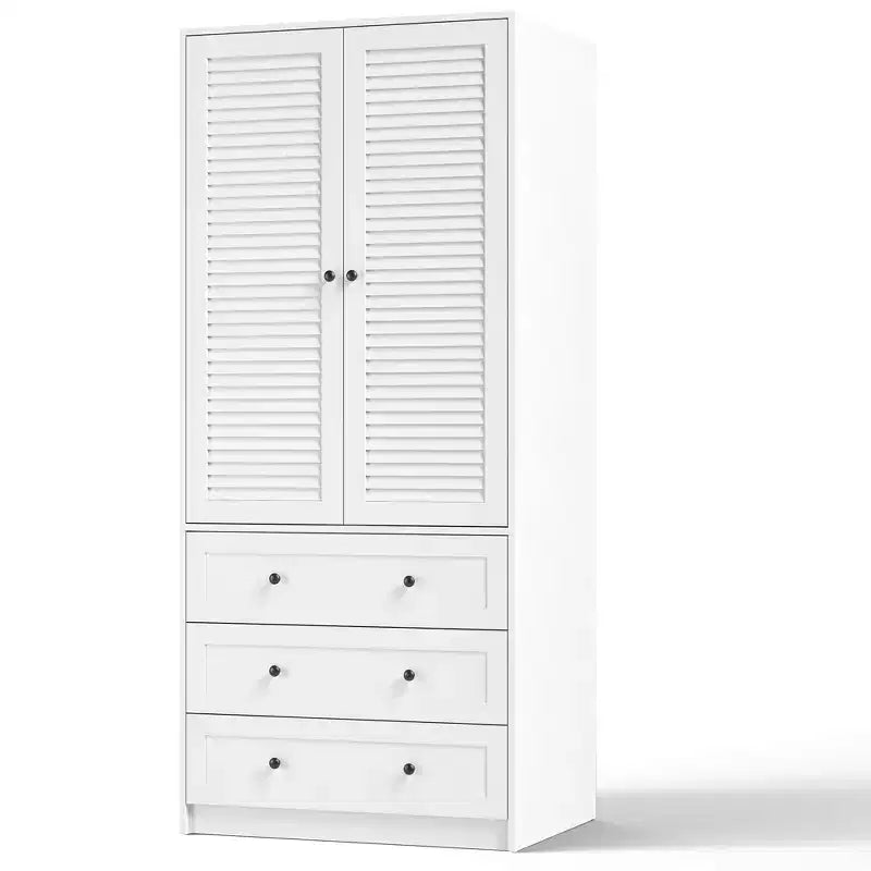 Armoire en bois naturel avec 2 portes en rotin et 3 tiroirs, dressing individuel