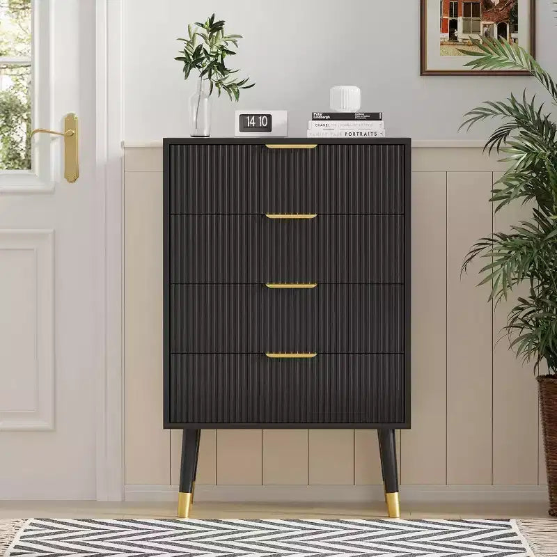 Black 4 Drawer Dressers Modern Chest of Drawers with Gold Metal HandlesModern Nightstand