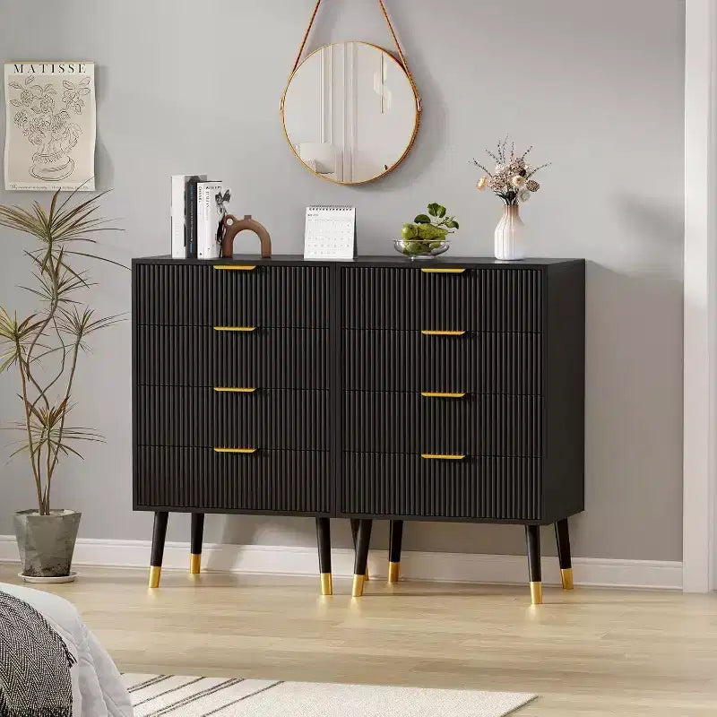 Commode noire à 4 tiroirs, à rayures verticales, simple