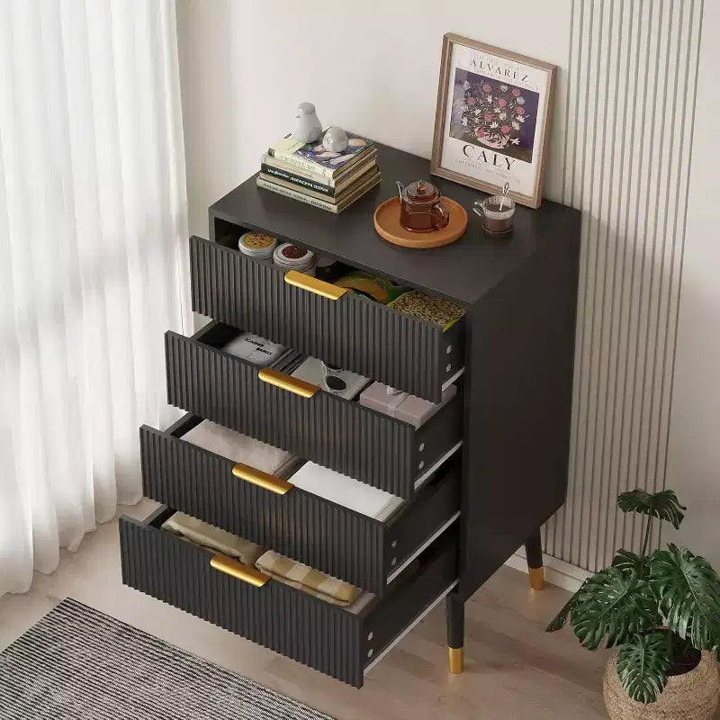 Commode noire à 4 tiroirs, à rayures verticales, simple