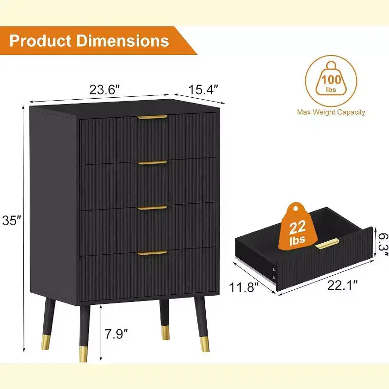 Commode noire à 4 tiroirs, à rayures verticales, simple