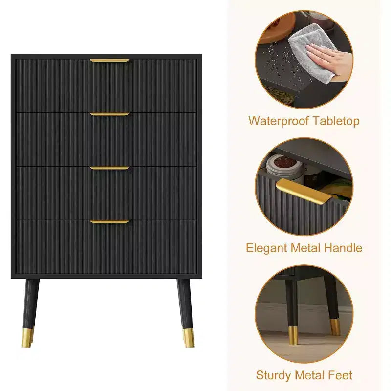 Commode noire à 4 tiroirs, à rayures verticales, simple