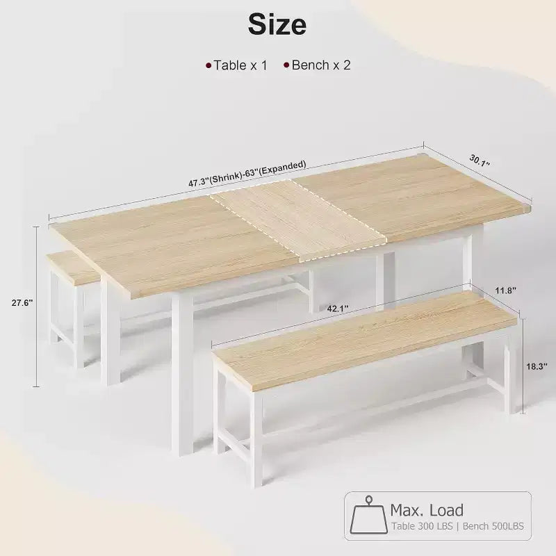 Ensemble table à manger extensible 63 po pour 4-6 personnes avec 2 bancs et 2 tabourets, cadre en métal et plateau en bois MDF, grands meubles de cuisine et de salle à manger peu encombrants