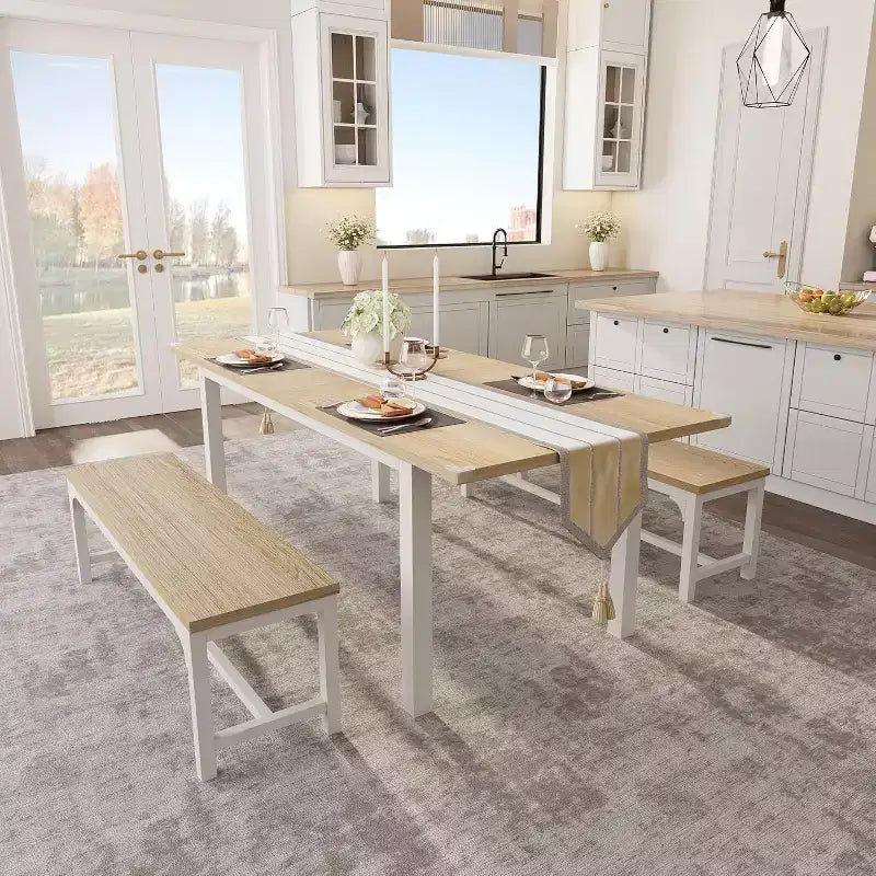 Ensemble table à manger extensible 63 po pour 4-6 personnes avec 2 bancs et 2 tabourets, cadre en métal et plateau en bois MDF, grands meubles de cuisine et de salle à manger peu encombrants