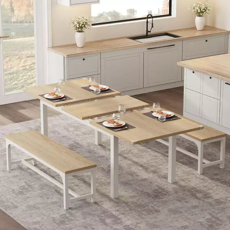 Ensemble table à manger extensible 63 po pour 4-6 personnes avec 2 bancs et 2 tabourets, cadre en métal et plateau en bois MDF, grands meubles de cuisine et de salle à manger peu encombrants