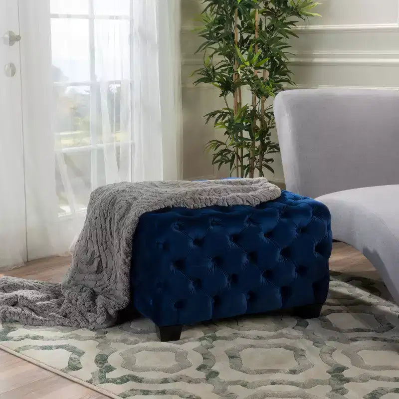 Pouffe carré capitonné en velours gris/bleu marine – 1 place