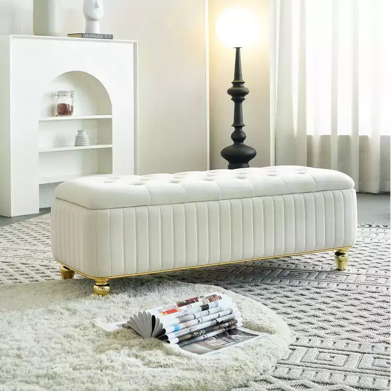 TUYOHW Upholstered Storage Ottoman with Safety Hinge, Gold Decoration Strip and Gold Embroidery Footstool, Ottoman Bench for Living Room